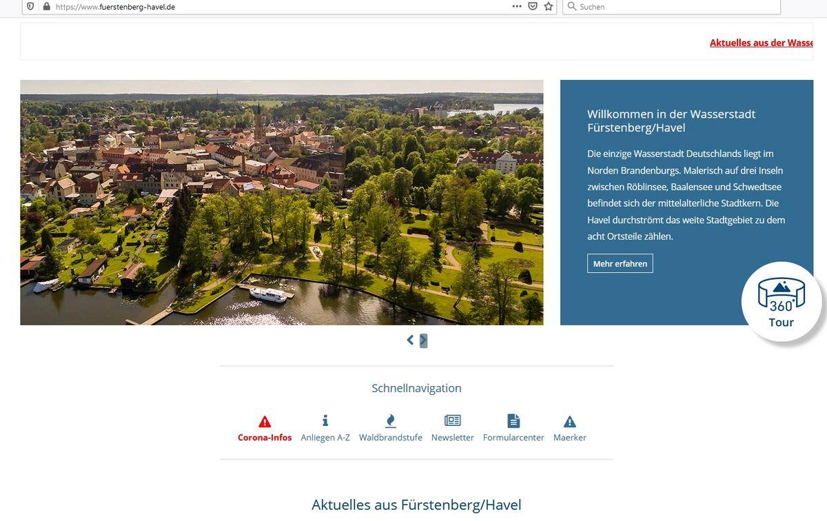 The photo shows a screenshot of the page of the Fürstenberg/Havel town council